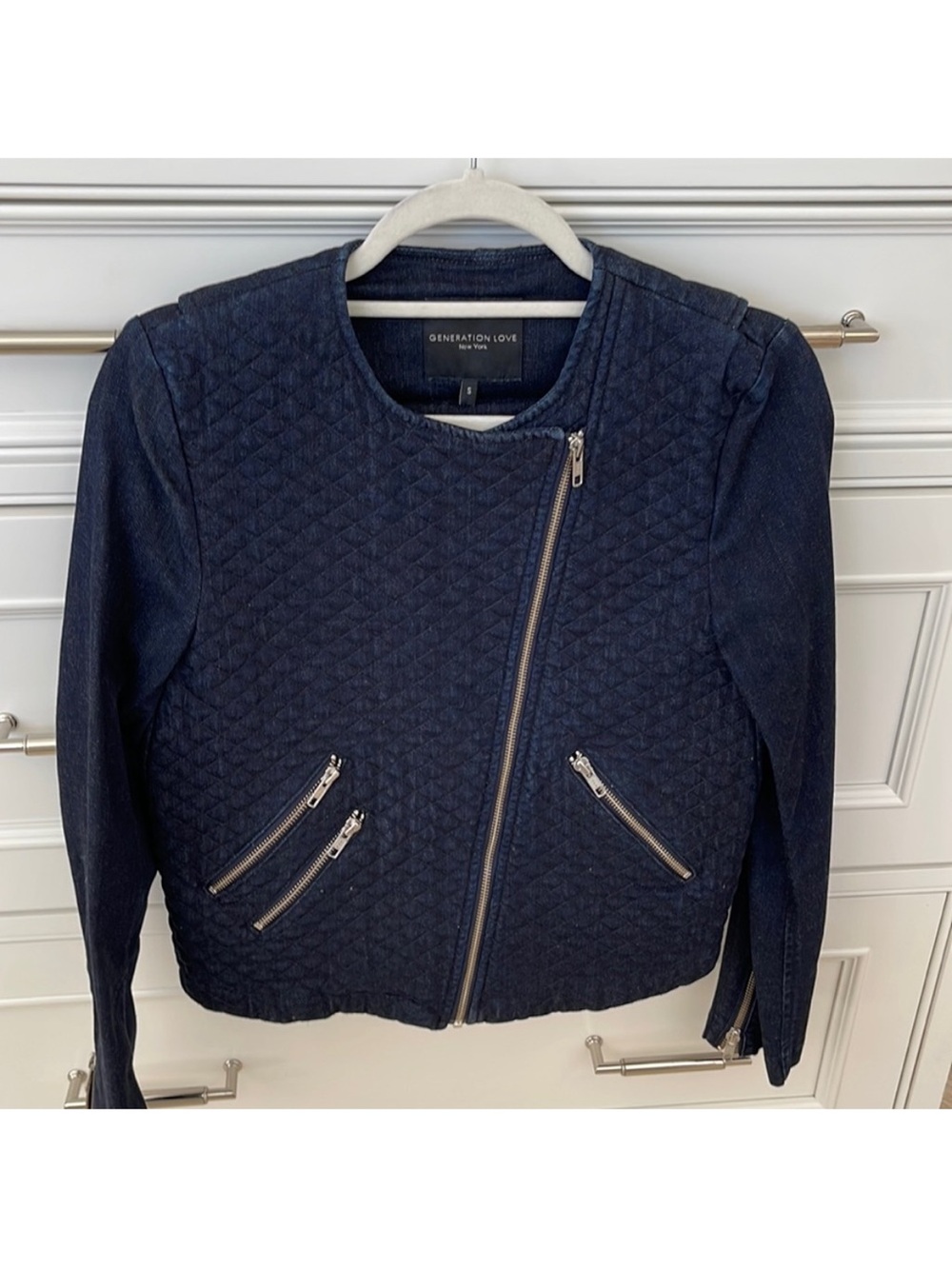 Generation Love Dark Navy Quilted Asymmetrical Moto Jacket